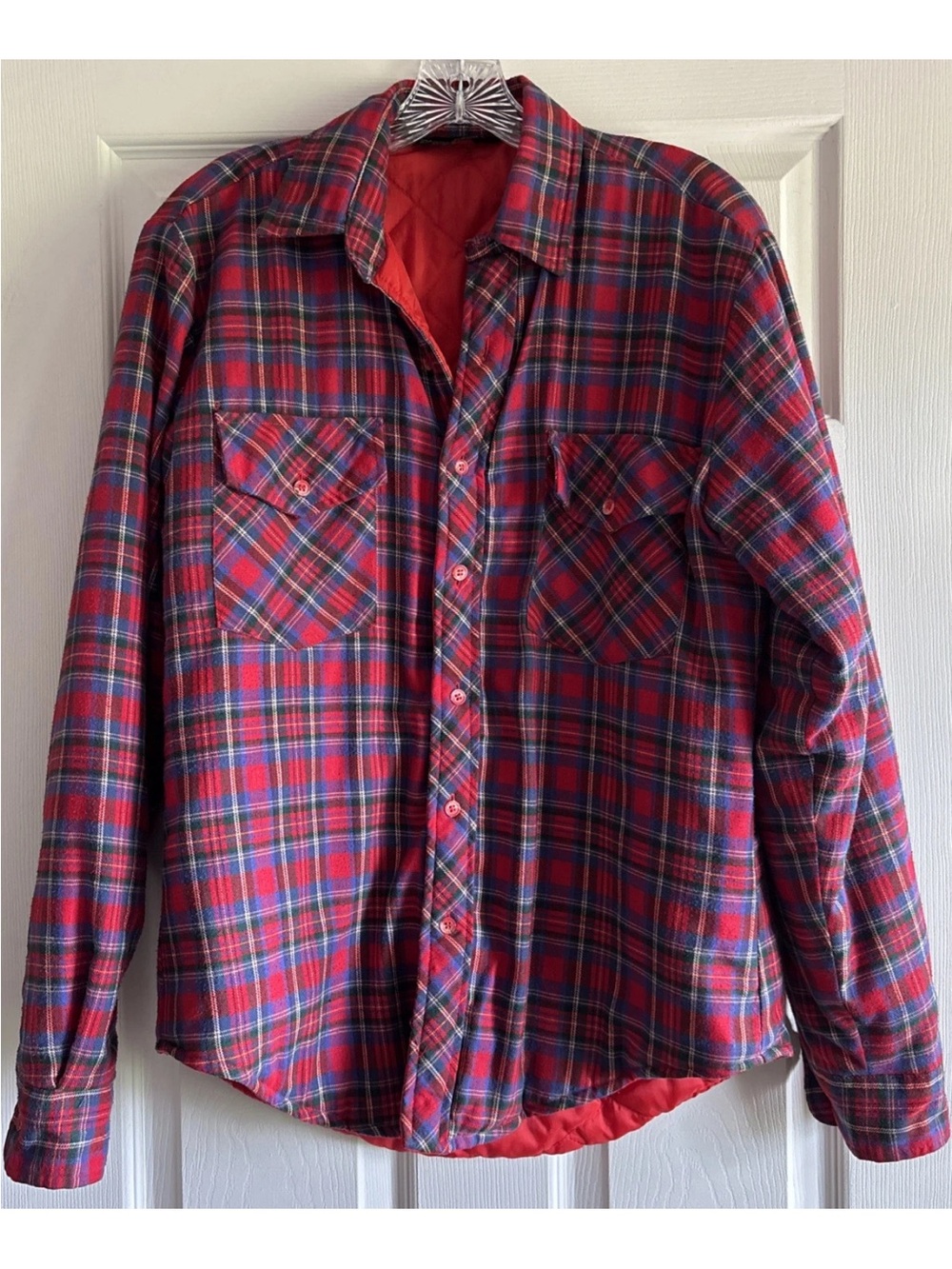 Quilted Flannel Shirt Farm Jacket Shacket Mens size M red blue plaid Survival